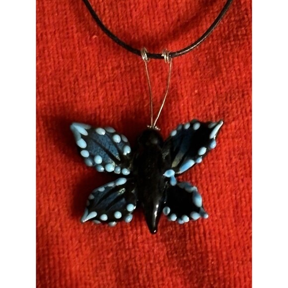 Handblown Fused Glass Black & Blue Butterfly Necklace - Picture 3 of 9